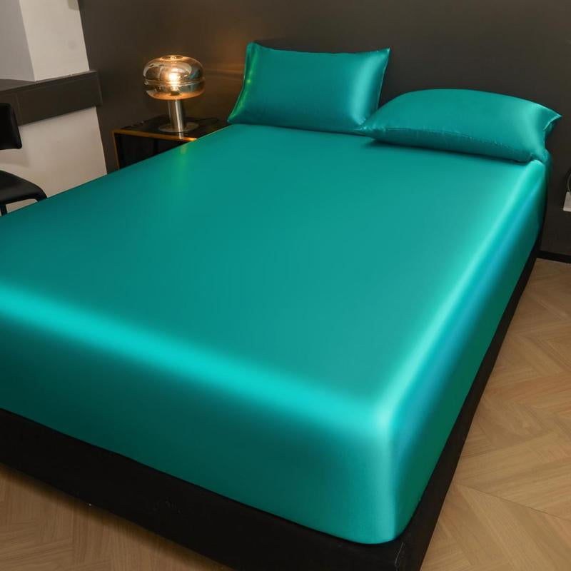 Solid Color Fitted Sheet & Pillowcase Set, Soft Comfortable Bedding Set for Bedroom & Hotel, Satin Bed Sheets