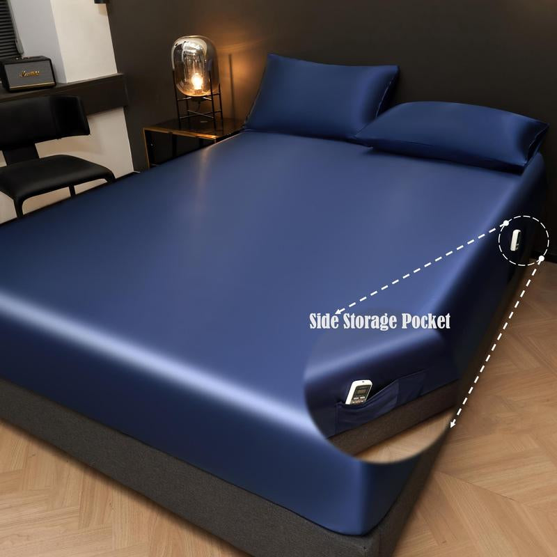 Solid Color Fitted Sheet & Pillowcase Set, Soft Comfortable Bedding Set for Bedroom & Hotel, Satin Bed Sheets