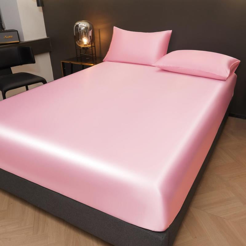 Solid Color Fitted Sheet & Pillowcase Set, Soft Comfortable Bedding Set for Bedroom & Hotel, Satin Bed Sheets